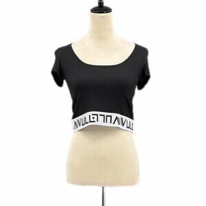 Vull Sport NEW Black Ribbed White Logo Band Cropped Scoop Neck Short Sleeve Top